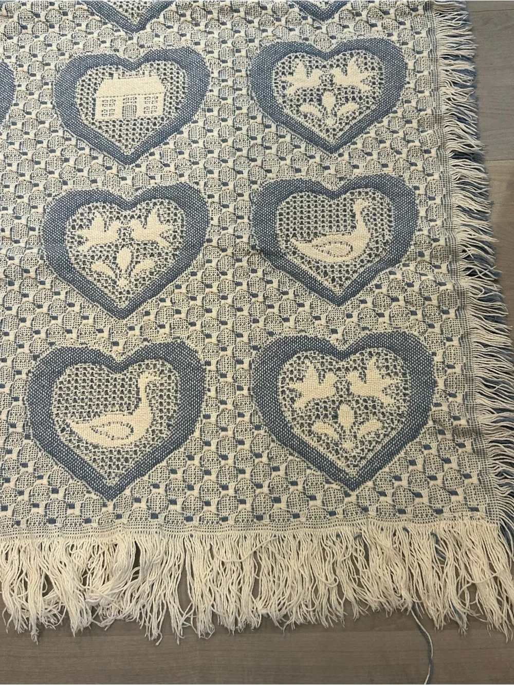 Vtg Woven Tapestry Throw Blanket Hearts Ducks Cottagecore Farmhouse Fringe 44x50